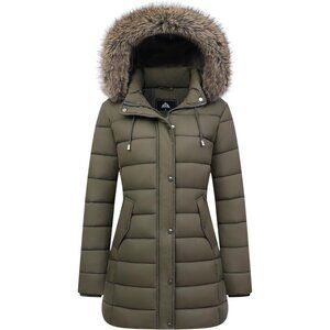Women's Winter Army Green Jacket Warm Long Puffer Coat Waterproof Parka